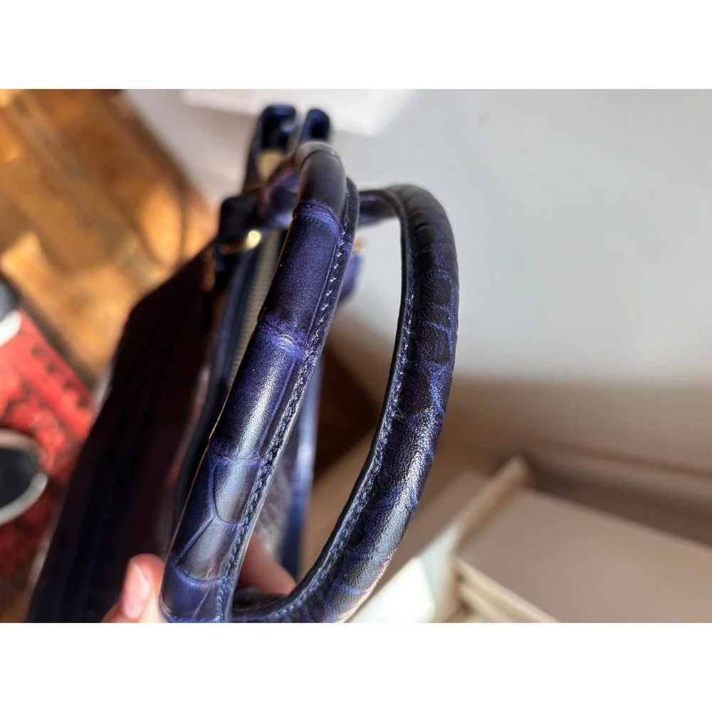 Prüne‎ Navy Blue Croc Embossed Leather Satchel Handbag Gold Hardware 9073